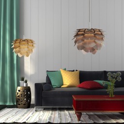 Dwie drewniane lampy w przytulnym pokoju Aiko Mini Natural oraz Aiko Mini Cappuccino. W pokoju znajduje się nowoczesna czrna sofa, ciemno czerwona niska drewniana ława oraz jasny dywan. Lampy są zawieszone nisko nad ławą i tworzą piękny nastrój