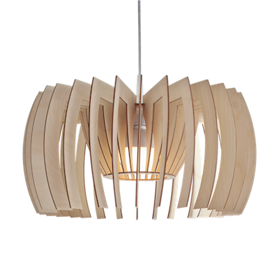 Lampa ze sklejki Yoko by Woolights to oryginalny kształt świetnie rozprasza światło i zapewnia właściwe doświetlenie salonu