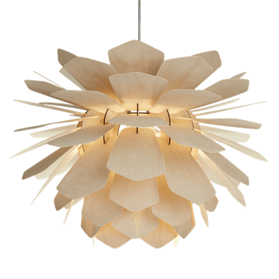 La Pigne lampa wisząca do salonu wykonana ze sklejki. Wyprodukowana przez Woolights